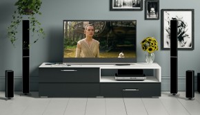 Тумба под ТВ Ларго 1,4, цвет корпус белый/фасады МДФ чёрный глянец, ШхГхВ 140х46х35 см., НЕ универсальная сборка в Качканаре - kachkanar.mebel24.online | фото 12